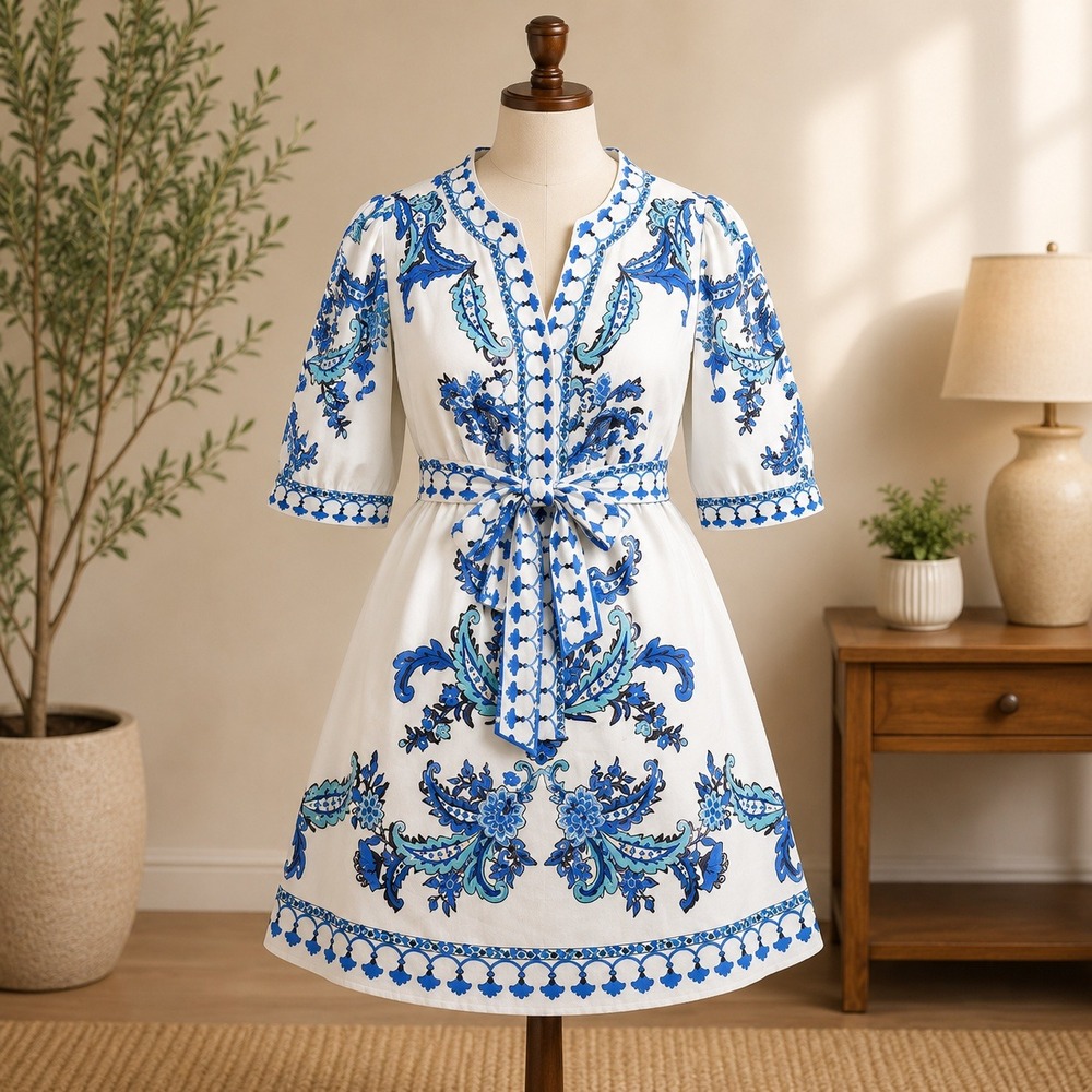 Cider Paisley Floral V-Neck Mini Dress Womens Small Blue‎ White Tie Waist Boho